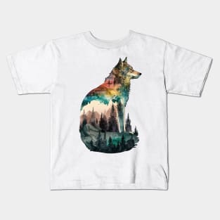 Wolf Watercolor Forest Cute Autumn Leaves Landscape Animal Print Kids T-Shirt